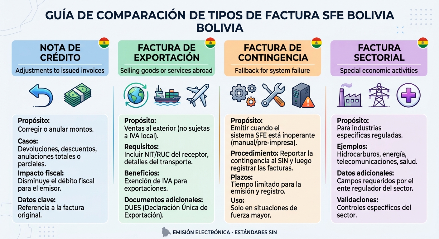 Tipos de Comprobantes del SFE Bolivia: Factura, Nota de Credito, Exportacion y Contingencia — Cuando Usar Cada Uno